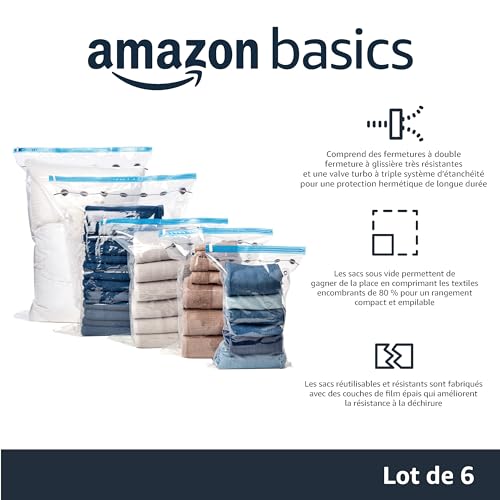 Amazon Basics Lot de 6 housses de rangement sous vide avec pompe manuelle - Jumbo Transparent , Bleu, Fermeture éclair