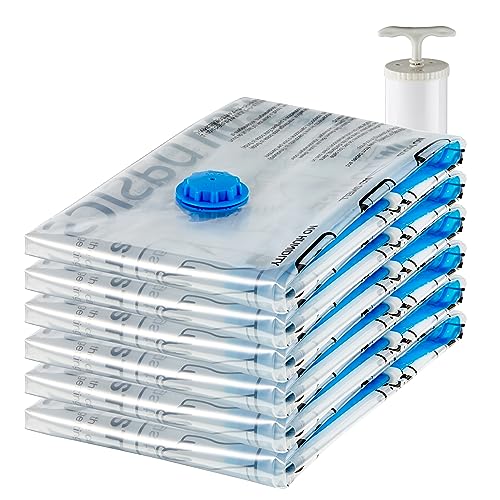 Amazon Basics Lot de 6 housses de rangement sous vide avec pompe manuelle - Jumbo Transparent , Bleu, Fermeture éclair