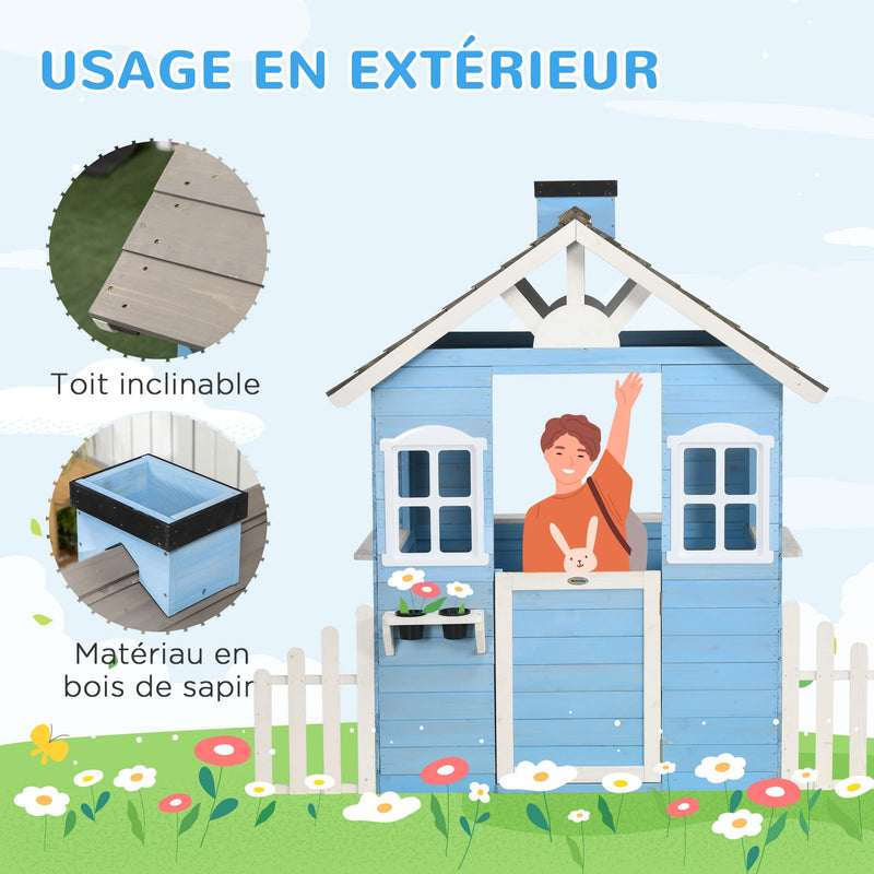 Outsunny Maison Enfant Exterieur cabane de Jeu pour Enfant - Maison de Jardin en Bois avec Porte et fenêtres de 3 à 7 Ans - dim. 151L x 112.5l x 142H cm Bleu