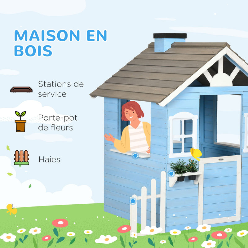 Outsunny Maison Enfant Exterieur cabane de Jeu pour Enfant - Maison de Jardin en Bois avec Porte et fenêtres de 3 à 7 Ans - dim. 151L x 112.5l x 142H cm Bleu