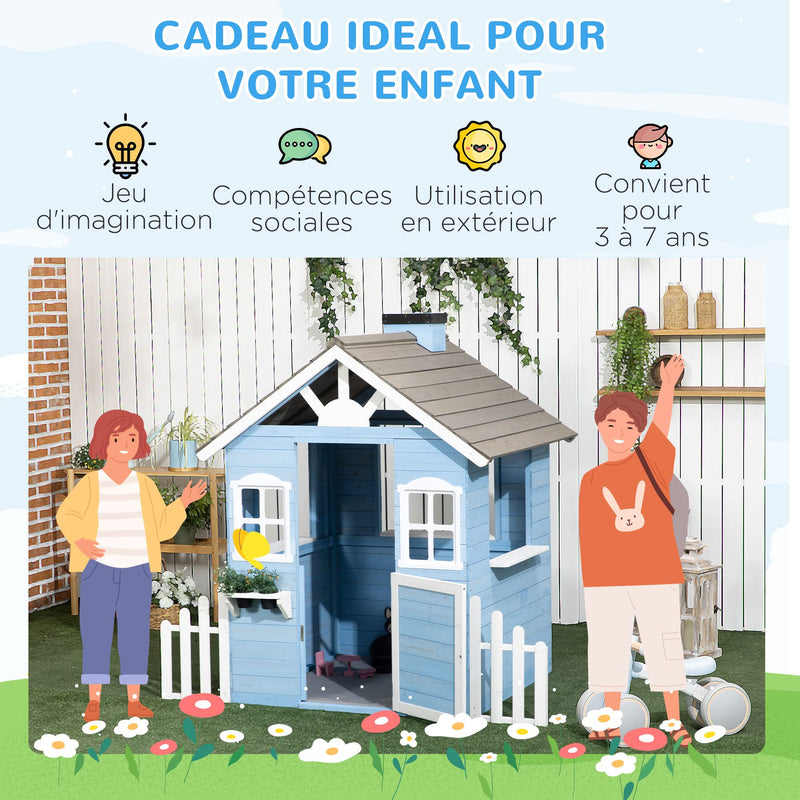 Outsunny Maison Enfant Exterieur cabane de Jeu pour Enfant - Maison de Jardin en Bois avec Porte et fenêtres de 3 à 7 Ans - dim. 151L x 112.5l x 142H cm Bleu