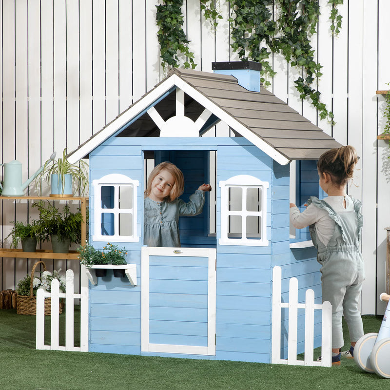 Outsunny Maison Enfant Exterieur cabane de Jeu pour Enfant - Maison de Jardin en Bois avec Porte et fenêtres de 3 à 7 Ans - dim. 151L x 112.5l x 142H cm Bleu