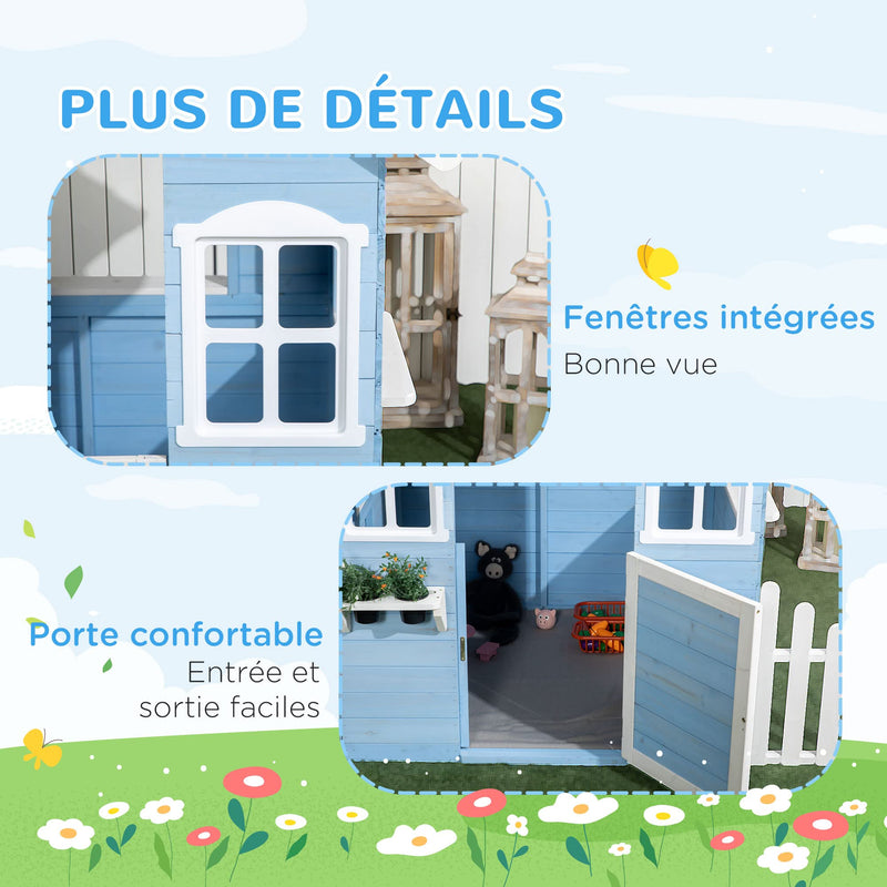 Outsunny Maison Enfant Exterieur cabane de Jeu pour Enfant - Maison de Jardin en Bois avec Porte et fenêtres de 3 à 7 Ans - dim. 151L x 112.5l x 142H cm Bleu