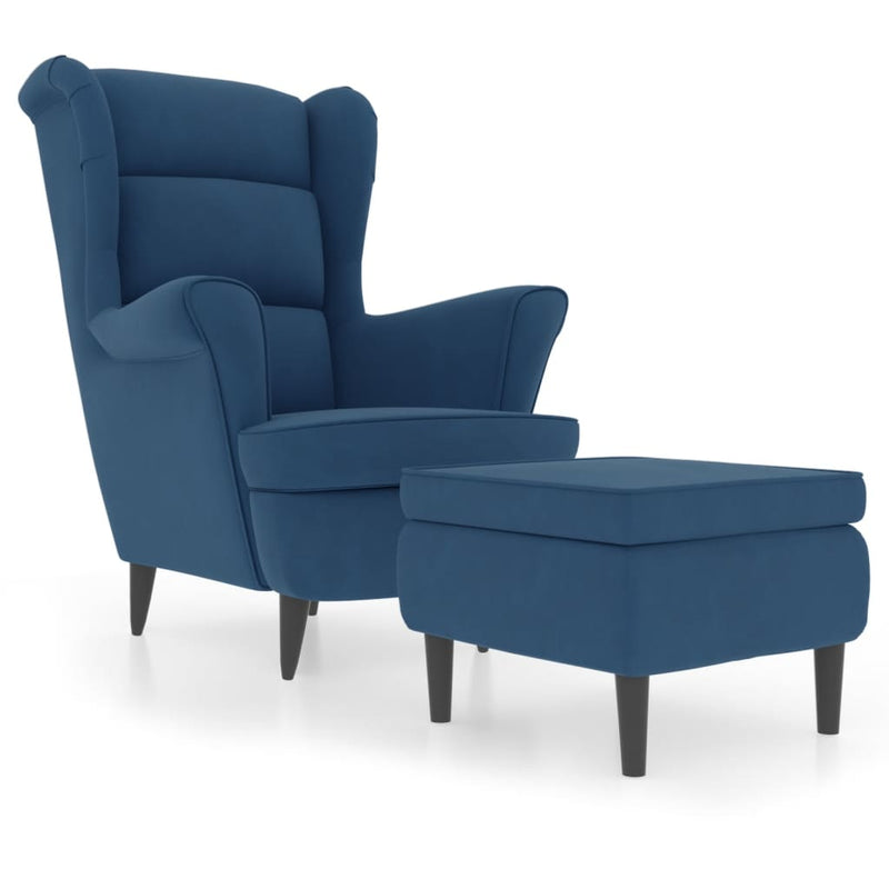 Fauteuil à oreilles avec tabouret bleu velours