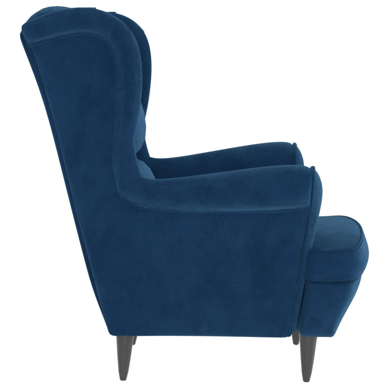 Fauteuil à oreilles avec tabouret bleu velours