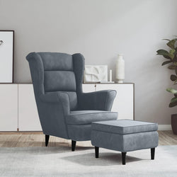 Fauteuil à oreilles avec tabouret gris foncé velours