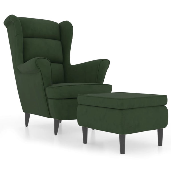 Fauteuil à oreilles avec tabouret vert foncé velours