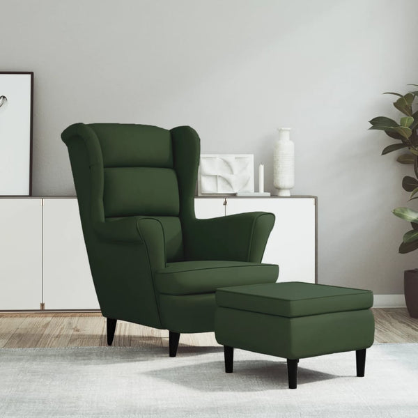 Fauteuil à oreilles avec tabouret vert foncé velours