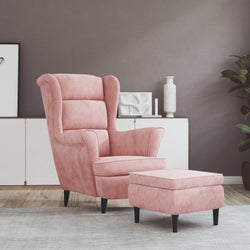 Fauteuil à oreilles avec tabouret rose velours