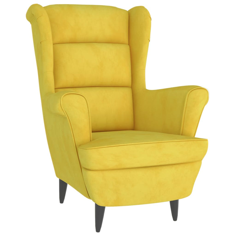 Fauteuil à oreilles avec tabouret jaune moutarde velours