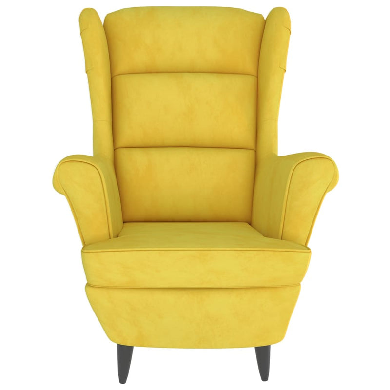 Fauteuil à oreilles avec tabouret jaune moutarde velours