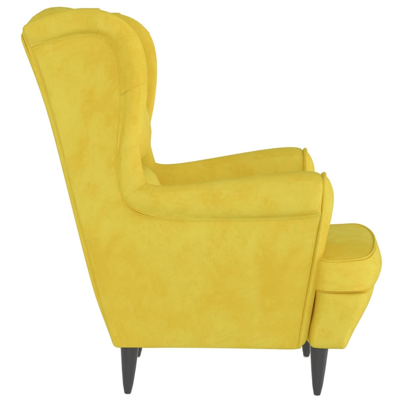 Fauteuil à oreilles avec tabouret jaune moutarde velours