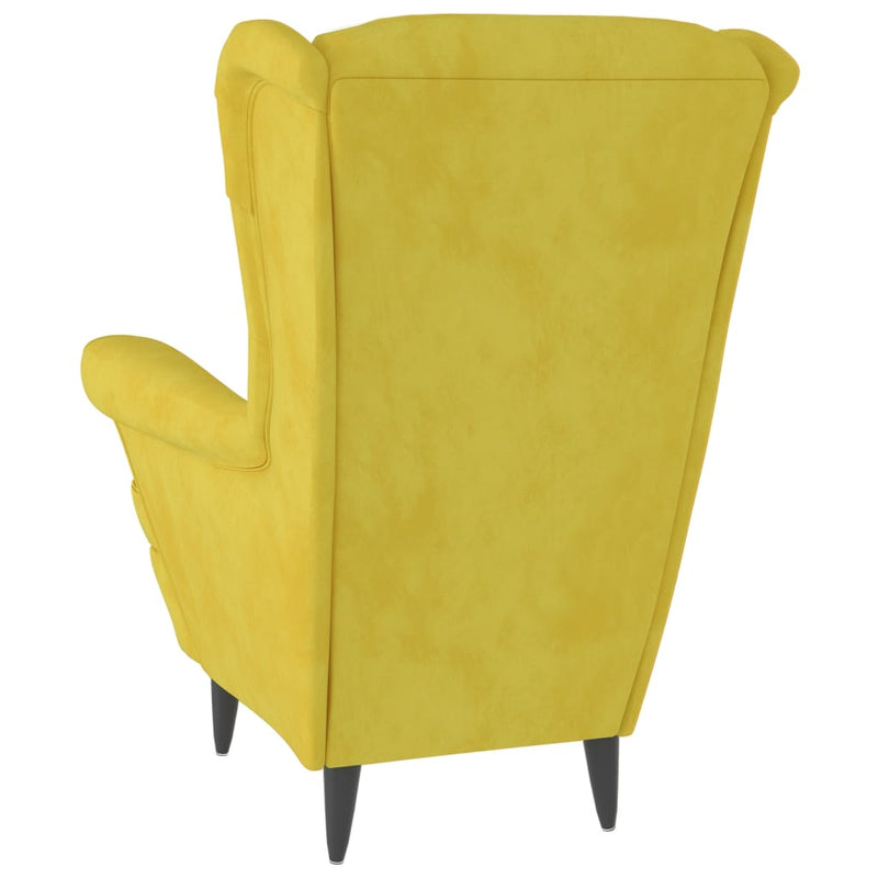 Fauteuil à oreilles avec tabouret jaune moutarde velours