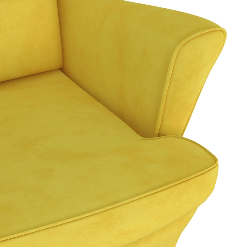 Fauteuil à oreilles avec tabouret jaune moutarde velours