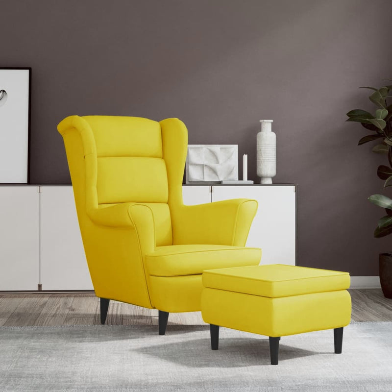 Fauteuil à oreilles avec tabouret jaune moutarde velours