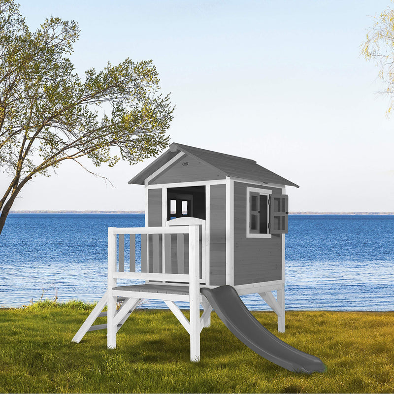 AXI Maison Enfant Beach Lodge XL en Gris avec Toboggan en Gris | Maison de Jeux en Bois FFC pour les Enfants | Maisonnette / Cabane en Bois